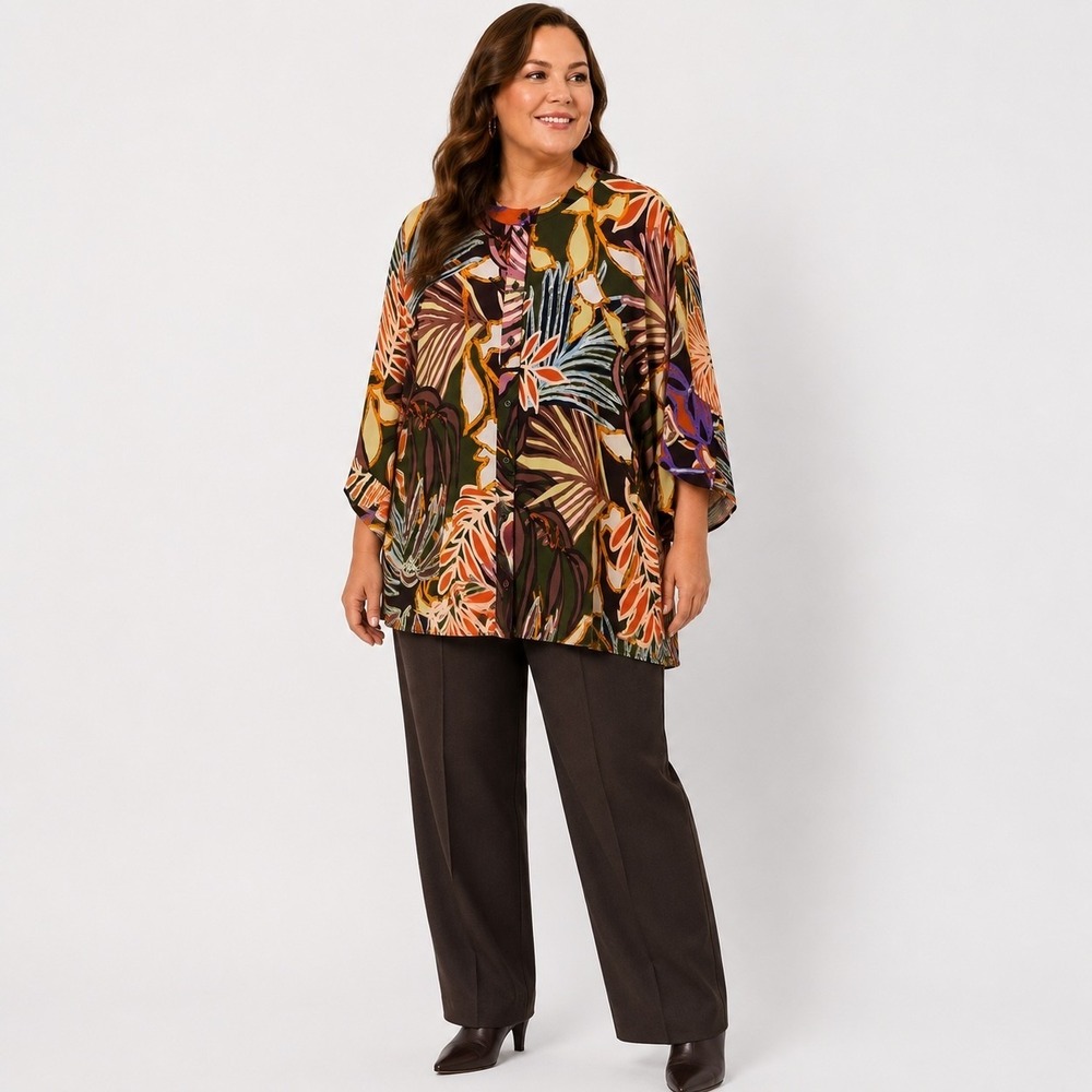 Ulla Popken Floral Button Up Blouse Womens 20/22 Multicolor Fall Tunic Top